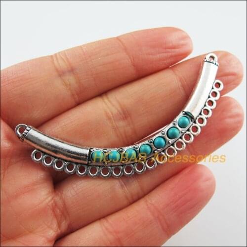 2 New Moon Wave Charms Tibetan Silver Tone Blue Stone Connectors 8.5x66mm