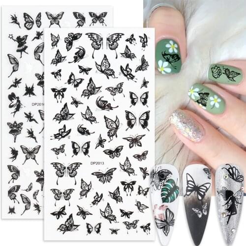 5D Black White Butterfly Nail Sticker Rose Flower Fairy Design Adhesive Slider Nails Art Manicure Decoration Tip BEDP2013-2024-3