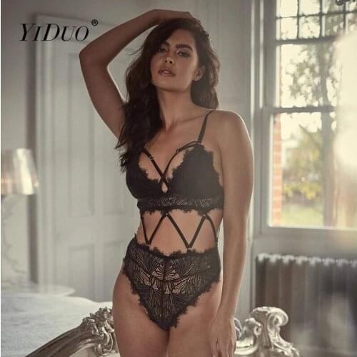 YiDuo Bandage Bodysuit Women Sexy Hollow Out Club Bodysuits Black Lace See Through Skinny Catsuit Bodycon Rompers 2021 New