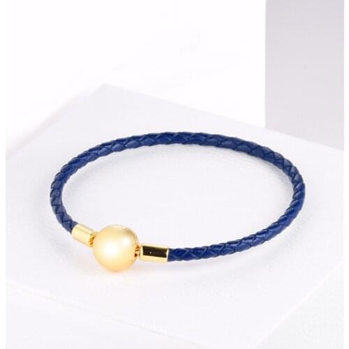Shine Dark Blue Leather Bracelets 100% Authentic 925 Sterling Silver Jewelry Free Shipping