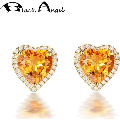 BLACK ANGEL Luxury Citrine Heart Shaped 925 Silver Stud Earrings Women Yellow Gemstone Earrings Fashion Jewelry Wedding Gift