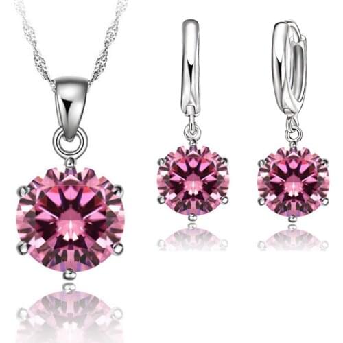 Classic Bridal Wedding Jewelry Set For Women 925 Sterling Silver Crystal Necklace Earrings Sets For Engagement 7 Colors