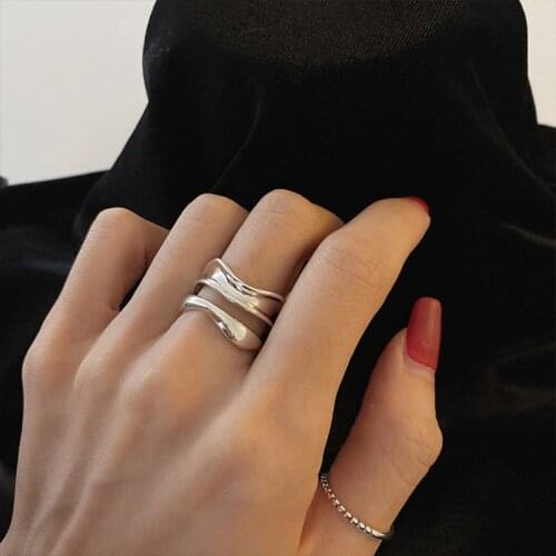 Karopel 925 Sterling Silver Geometric Double Wave Ring Female Vintage Geometric Combination Open Rings Creative Jewelry