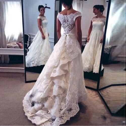 Lace Wedding Dresses 2017 Boat Neck with Short Sleeve Custom Made Bridal Gowns Layer Back Vestido De Noiva Com Renda Dress