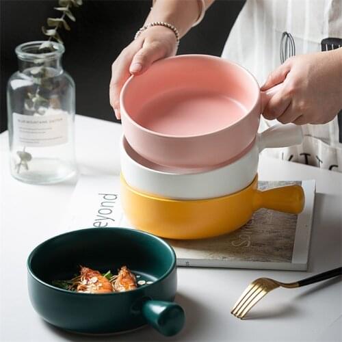 Nordic Ceramic Noodle Bowl With Handle Breakfast Rice Dish Microwave Oven Baking Bowl Dessert Soup Fruit Salad Bowl Tableware