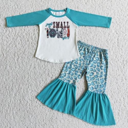 Fall Winter Small Town Print Blue green Print Long sleeved Top And Flared Pants Suit Childrens Clothes