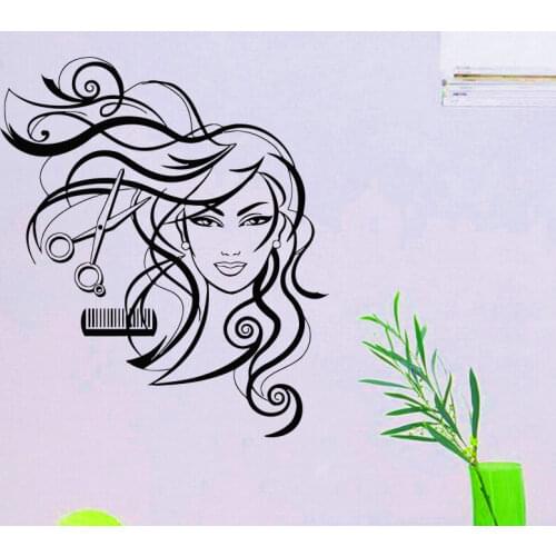Hairdresser wall sticker decoration smile beauty long hair scissors comb salon wall decals vinyl mural wallpaper MF18