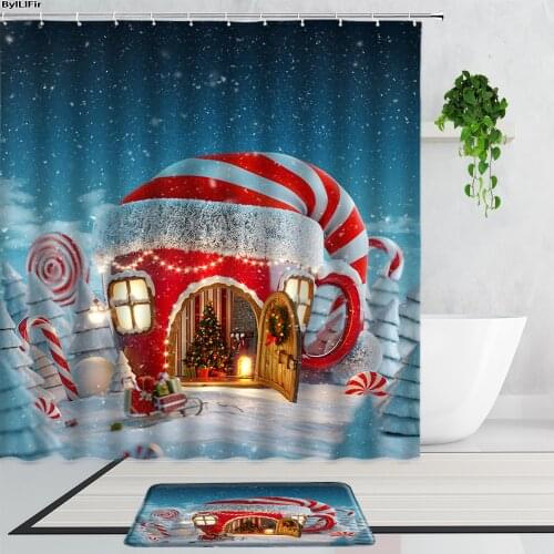 Christmas Shower Curtains Cute Cartoon Snowman Santa Claus Child Holiday Gift Bathroom Curtain Set Non-Slip Bath Mats Carpet Rug