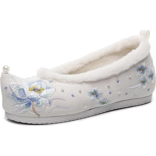 3 Colors Traditional Chinese Hanfu Shoes Ancient Women Flats Winter Warm Lolita Hidden Heels Oriental Floral Embroidered Satin
