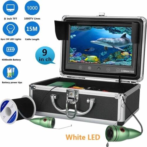 GAMWATER 9" Underwater Fishing Video Camera Fish Finder In English 1000TVL 9"Color Fishing Monitor White LED Lights Fishfinder