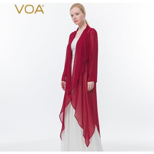 VOA Silk Georgette Wine Red Pleated Long-sleeved Cardigan Micro-transparent Sunscreen Holiday Simple and Long Trench Coat FE136