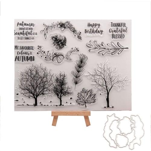 WYSE Clear Stamps with Metal Cutting Dies Tree Leaves Craft Stamp and Die Scrapbooking Set for DIY Handmade Paper Card Tools