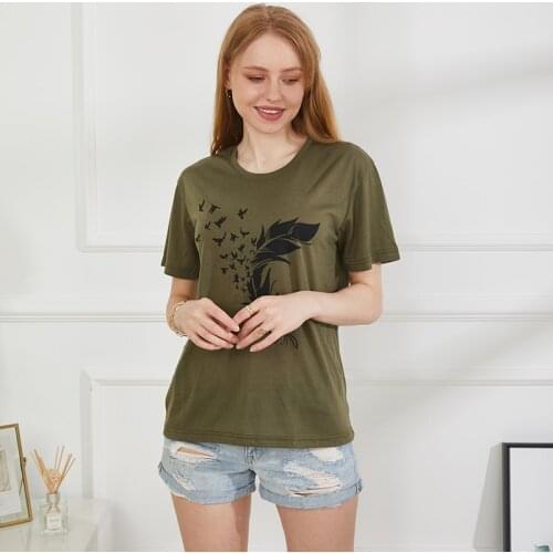 Sumemr Short Sleeves Boho T-shirt Comfy Cotton Top Womens Fashion Funny Bird Feather Print Graphic Tee Shirt Lady Girl