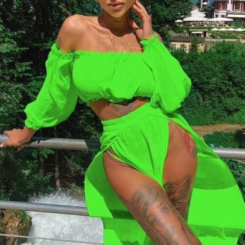 Women Sexy Two Piece Set Bathing Suit Bikini Cover Ups Off Shoulder Long Sleeve Crop Top+Split Maxi Skirt Beach Outfit Swimwear