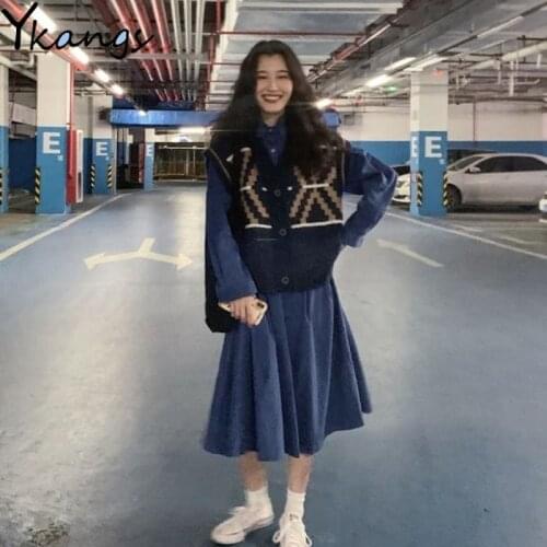 Vintage 2pcs set Women Plus Size Blue Loose Long Dresses+Printed Buttons Sweater Vest suit Girls Long Sleeve Dress Robe Vestido