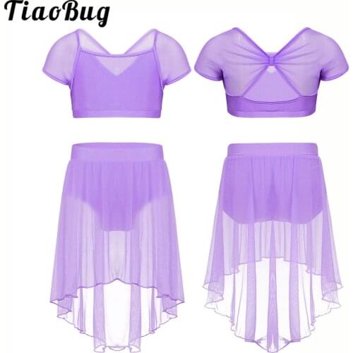 Girls Lyrical Dance dress Two Piece Ballet Dance Dress Crop Tops with Chiffon Skirt Set