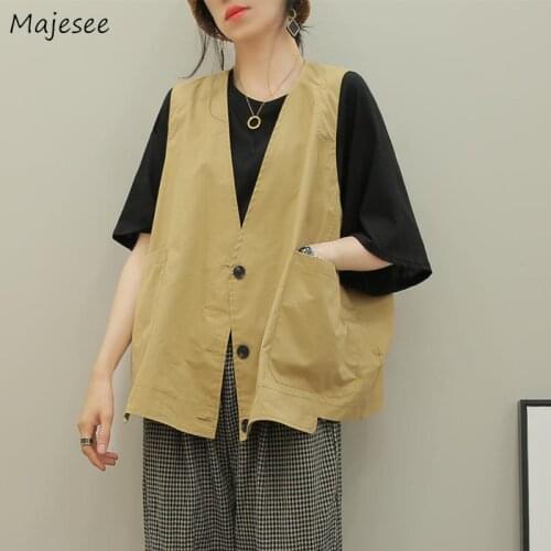 Vests Women Summer New Loose Outwear Sleeveless Simple Oversize All-match Casual Female Clothes V-neck Single Breasted Solid Ins
