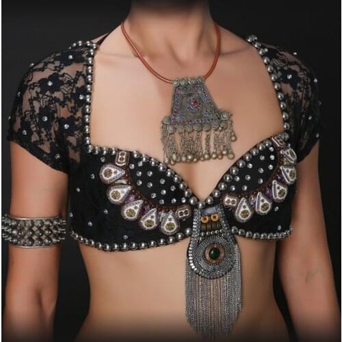 New 2018 ATS Tribal Belly Dance Bra Tops Metallic Studs Push Up BeadsBra B/C CUP Vintage Coins Top Gypsy Dance Bra Lace
