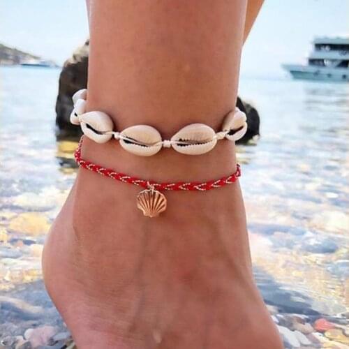 Docona 4pcs/set Bohemia Shell Scallop Adjustable Anklets Set for Women Charm Handmade Rope Foot Chains Girls Beach Jewelry 7022