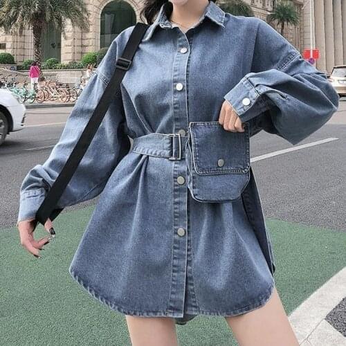 Denim shirt womens design niche halter with waist waist was thin fashionable jacket trend Button Up Collar Sashes