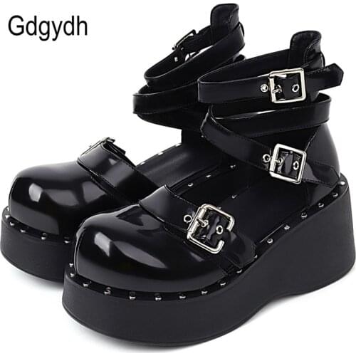 Gdgydh Dark Gothic Shoes Platform Pumps Women Belt Buckle Ankle Strap Metal Decoration Wedge Heel Female Footwear Gothicgirls