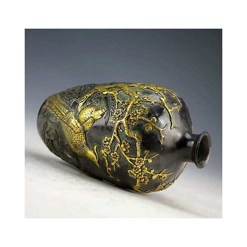 Collectable Vintage Bronze Statues Gold-plating Flower Bird Vase Signed Pot 20cm