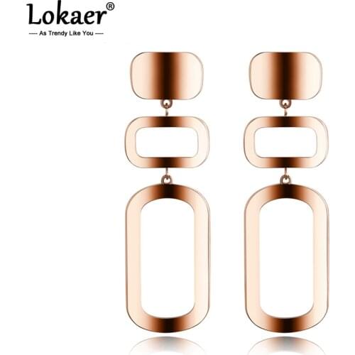 Lokaer Fashion Hyperbole Jewelry Concave Rounded Rectangle Long Stud Earrings Rose Gold Color Hollow Stainless Steel E18063