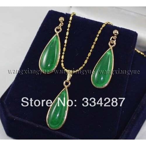 Hand Inlay Green Jade Necklace Pendant earrings Set