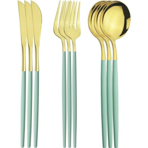 9pcs Dinnerware Fresh Mint Green Gold Dinner Knife Fork Spoons Silverware Set Stainless Steel Flatware Kitchen Party Tableware