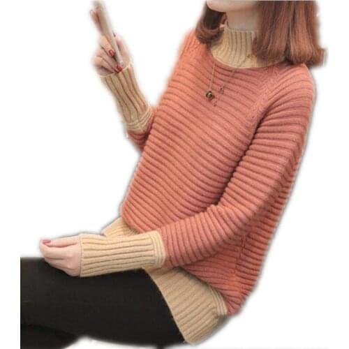 2018New Autumn Winter Women Pullovers Sweater Knitted Female Fashion Patchwork Color Thicken Turtleneck Knitted Shirts Top Q464