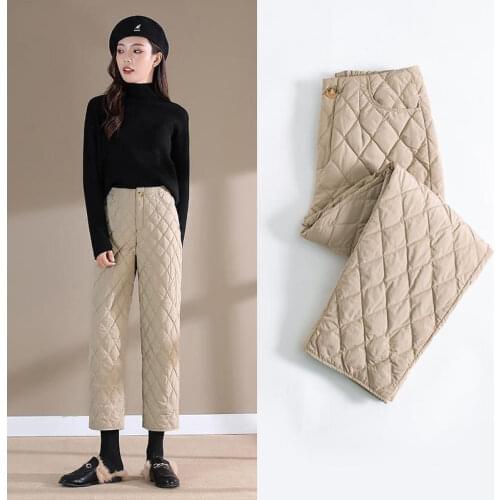 Autumn Winter Padded Ankle-Length Down Cotton Pants Women Warm Straight Leg Pants Female High Waist Casual Sweatpants Y123