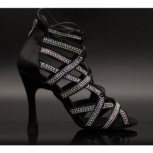 Suphini New Arrivals Sparkle Crystal Black Satin Open Toe Lace Up Party Salsa Latin Dance Boots