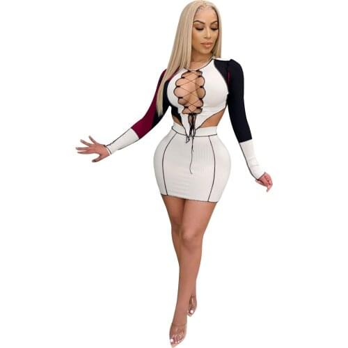 Sexy Deep V Neck Bandage Skirts 2 Piece Set Color Block Knit Rib Lace Up Crop Top + Mini Skirt Club wear Two Piece Set Outfits