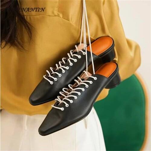 Leather lace up mid-heel Muller shoes spring and summer British style pointed chic casual and comfortable half slippers female