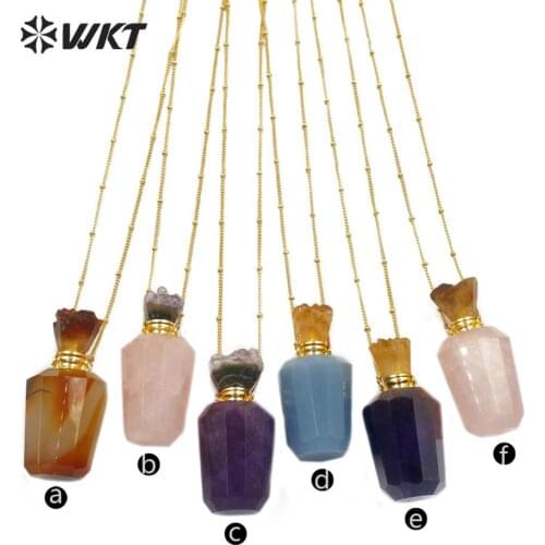 WT-N1169 women fashion natural raw stone cut stone perfume bottle necklace pink quartz a methyst stone bottle