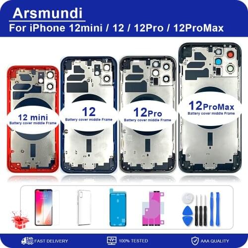 For iPhone 12mini 12 ProMax Battery Back Cover + Middle Chassis Frame + SIM Tray + Side Key Parts Housing Case No Flex Cable