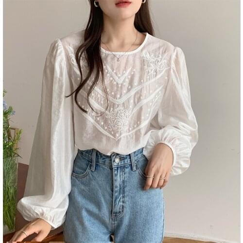 2021 White Retro Sweet Blouses Lady Autumn Embroidery Full Sleeves Florals Chic Girls All Match Women Mujer Tops