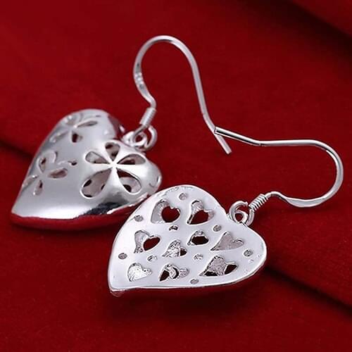 Womens Fashion Flower Hollow Heart Shape Silver Plated Dangle Hook Earrings