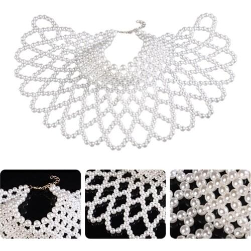 Women Imitation Pearl Beaded Bib Choker Necklace Body Chain Shawl Collar Jewelry