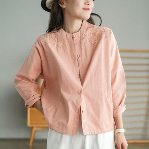QPFJQD Ladies Cotton Coats O-Neck Long Sleeve Embroidery Spring Autumn Women Retro Loose Button Tops Coat Solid Color