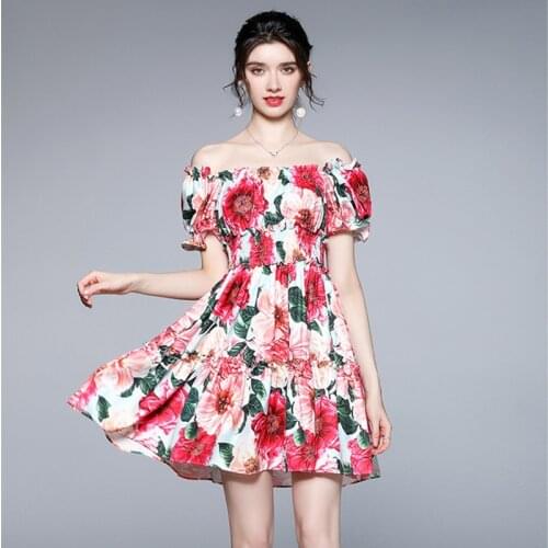 Women Elegant Off The Shoulder Short Puff Sleeve Rose Floral Print Mini Dress Summer Ruffles Backless Boho Beach Dress k6156