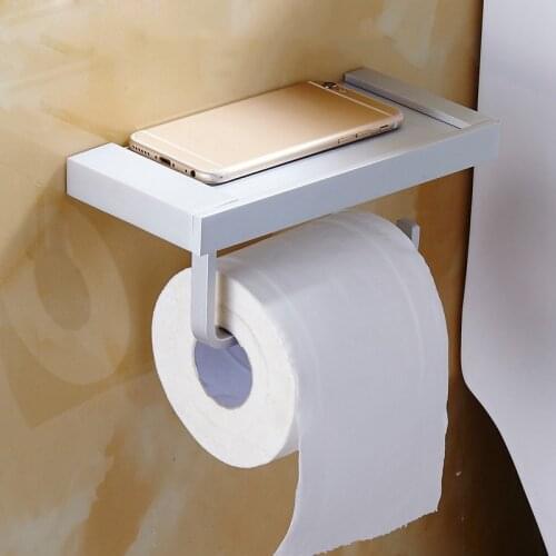 Wall Mount Toilet Paper Holder Aluminum Tissue Paper Holder Toilet Roll Dispenser With Phone Storage Shelf for Bathroom