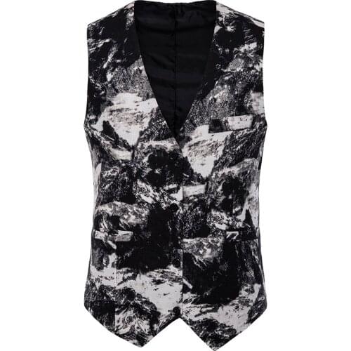 2019 New Fashion Mens National Style Casual Slim Fit Vest Men Spell Color Gentleman Dress Printing Suit Waistcoat Large Size