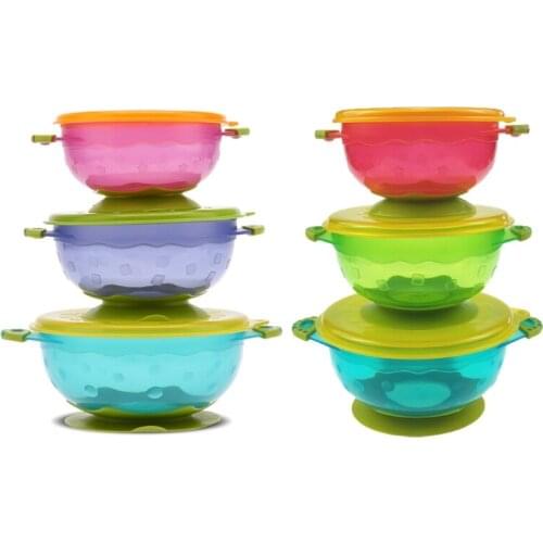 3Pcs/Set Baby Suction Cup Food Bowls with Lid Spill-proof Infant Feeding Dish Drop Resistance Sucker Dinner Plate