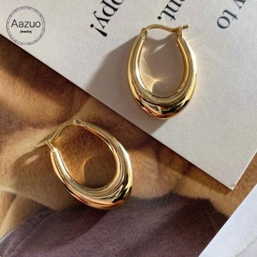 Aazuo Real 18K Yellow Gold None Diamonds Oval Shape Hoop Earrings gifted for Women Wedding Party Au750