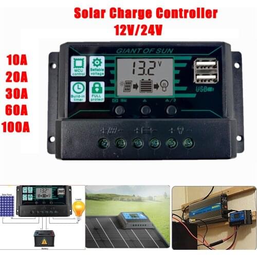 100A/60A/30A/20A/10A MPPT Auto Solar Charge Controller Output PV Solar Cell Panel Charger Battery Regulator Dual USB Port