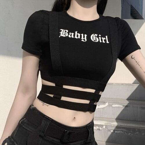Bandage Crop Top for Women Girl T Shirt Harajuku Tshirt Summer Tee Croptop Black Goth Short Sleeve Letter Print T-shirt Clothes