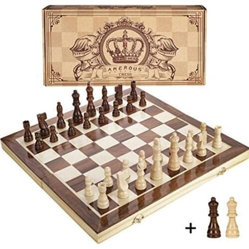 39CM Magnetic Wooden Chess Set 2 Extra Queens Folding Board, Handmade Portable Travel Chess Board Game Sets Beginner Chess Set