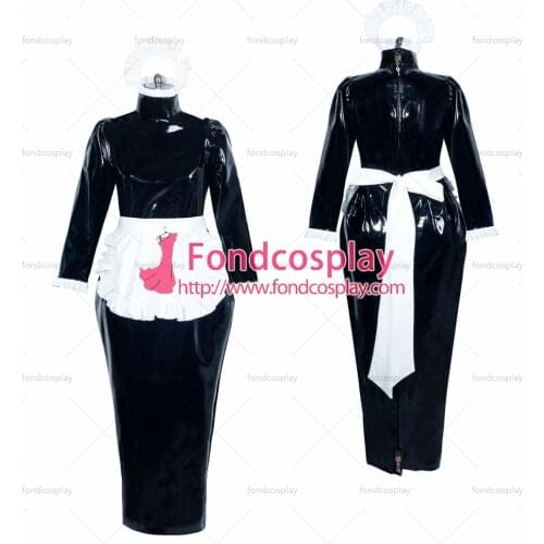 Fondcosplay adult cross dressing sissy maid long French lockable black heavy PVC dress hobble white apron Tailor-made[G3893]