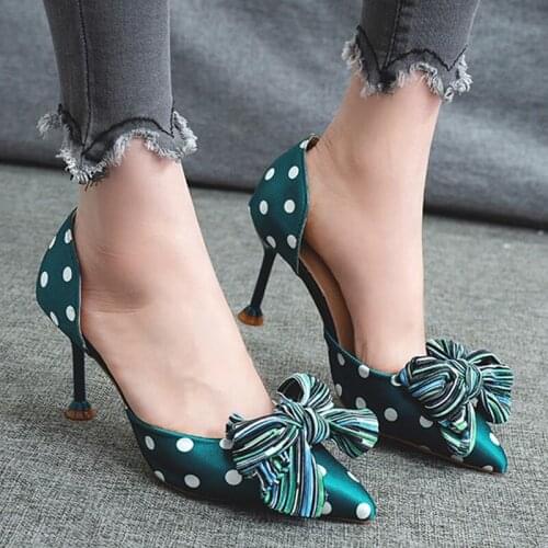 Elegant Girls' Cotton Farbic Sandals High Heels Women Bowknot Polka Dots Summer Female Sexy Stiletto High Heels Bridesmaid Shoes